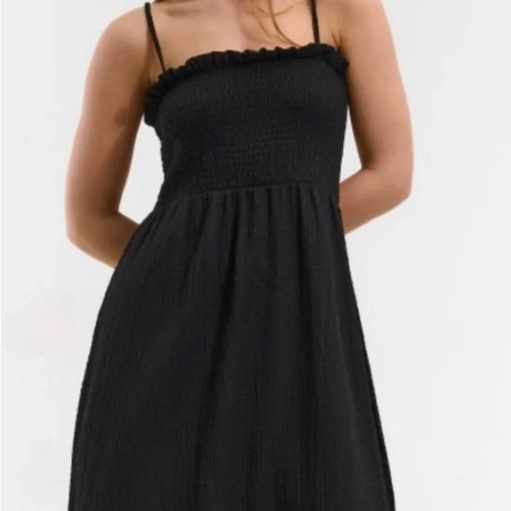 Black Midi Smocked Sundress with Ruffle Trim